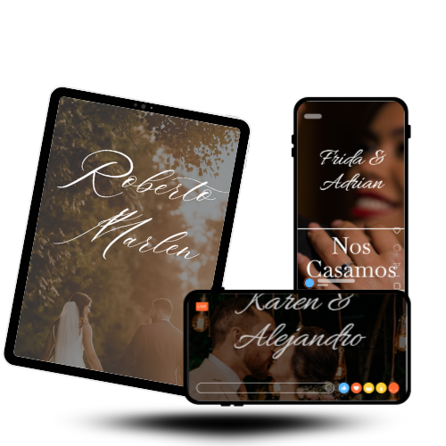 Tres dispositivos digitales —una tablet y dos teléfonos móviles— muestran diferentes diseños de invitaciones de boda con estilo elegante y romántico, incluyendo nombres como “Roberto & Marlen”, “Frida & Adrián” y “Karen & Alejandro”. Ideal para mostrar variedad de estilos en invitaciones digitales personalizadas.