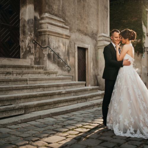 Novios abrazados frente a una iglesia de arquitectura antigua, sobre un camino empedrado, con luz cálida al atardecer. Escena elegante y atemporal ideal para una invitación de boda clásica con estilo tradicional y romántico.