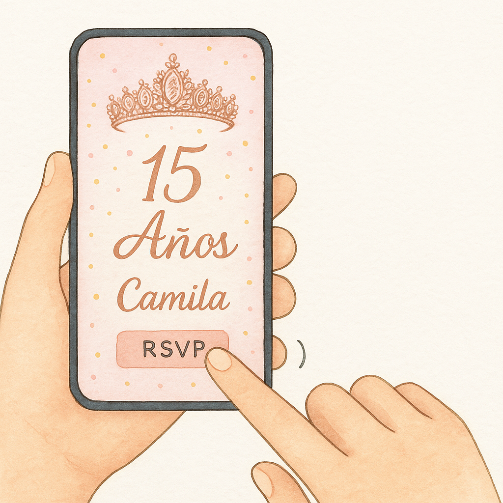 Ilustración de una mano tocando el botón RSVP en una invitación digital de 15 años con diseño elegante en un celular