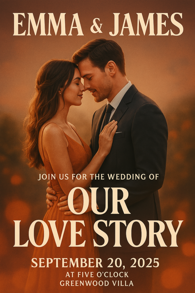 Invitación digital de boda con diseño estilo póster de película romántica, protagonizada por una pareja abrazándose con fondo cálido en tonos sepia. Incluye nombres, fecha y lugar del evento con tipografía elegante y llamativa. Una tendencia popular en 2025 por su enfoque emocional y visualmente impactante, ideal para bodas modernas y originales.