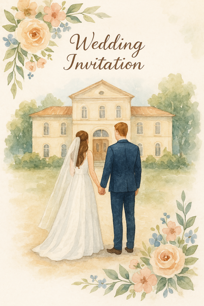 Invitación de boda digital con ilustración estilo acuarela de una pareja de espaldas frente a una villa clásica, rodeada de flores suaves en tonos pastel. Diseño elegante y nostálgico que refleja la tendencia 2025 de invitaciones digitales personalizadas con arte pintado a mano. Ideal para bodas románticas y vintage.