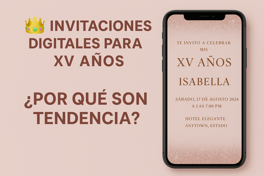 Imagen con fondo rosado que muestra un celular con una invitación digital elegante para XV Años. A la izquierda, el texto dice: "Invitaciones digitales para XV Años. ¿Por qué son tendencia?". Ideal para destacar beneficios modernos de las invitaciones digitales.